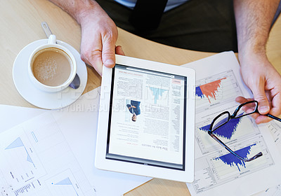 Buy stock photo Hands, tablet and glasses with graphs on desk for person with digital information, review online report or view email with coffee. Analyst, spectacles and tech with data for research, app on above