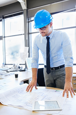 Buy stock photo Project, architect and planning with tablet, design and vision for growth and development. Male person, professional and employee in engineering, management and career in office, workplace or job