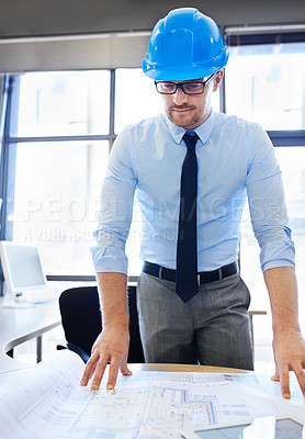 Buy stock photo Project, engineer and planning with tablet, design and vision for growth and development. Male person, professional and employee in construction, management and career in office, workplace or job