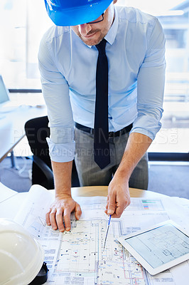 Buy stock photo Project, architect and blueprint with tablet, design and vision for growth and development. Male person, professional and employee in engineering, management and career in office, workplace or job