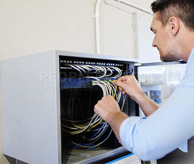 Buy stock photo Server room, man or technician fixing cables for cyber security glitch, web 3.0 or hardware cords. Engineering, programmer or engineer with wires for information technology, machine or IT support