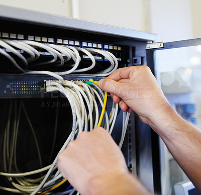 Buy stock photo Server room, man or hands of engineer with cables for cyber security glitch, or hardware cords. Engineering, programmer or technician fixing wires for information technology, machine or IT support