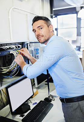 Buy stock photo Portrait, man or technician with office cables for cyber security glitch or hardware cords. Engineering, programmer or proud engineer fixing wires for information technology, computer or IT support