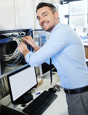Buy stock photo Portrait, happy man or technician with office cables for cyber security glitch or hardware cords. Engineering, programmer or engineer fixing wires for information technology, computer or IT support