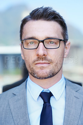 Buy stock photo Corporate, investor and portrait of businessman in city for work in stock market, trading or economy. Serious, entrepreneur and trader with pride in investment at office building for business