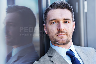 Buy stock photo Door, serious and portrait of businessman by office for legal career, pride and confidence. Professional, attorney and mature person with ambition for corporate, company and work at law firm