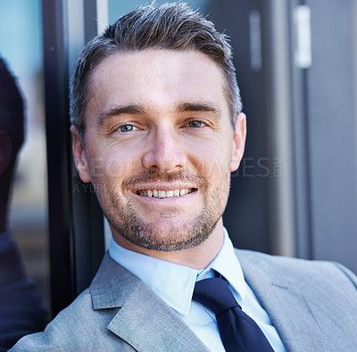 Buy stock photo Happy, investor and portrait of businessman in city for work in stock market, trading or economy. Entrepreneur, smile or trader with pride in investment at office building for opportunity in business