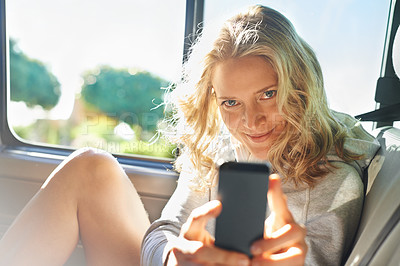 Buy stock photo Woman, portrait and smartphone in car for photo, memory and road trip while on vacation or travel. Female person, smile and phone in vehicle for picture, fun and adventure while on holiday in Arizona