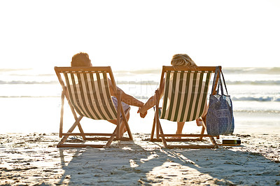 Buy stock photo Holding hands, chair or couple at sea to relax on holiday, vacation or anniversary romance in summer. Travel, back or people on date at beach or ocean for horizon view, love or honeymoon in Hawaii