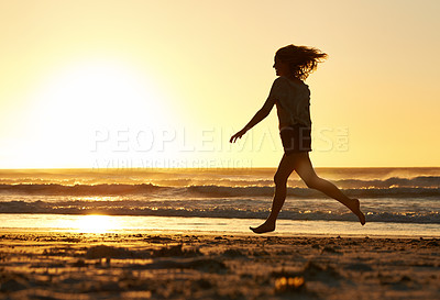 Buy stock photo Happy, woman and running at beach for sunset, journey and freedom vacation in nature for mockup. Energy, fitness and wellness in Bali for holiday, adventure and ocean in summer on tropical island.