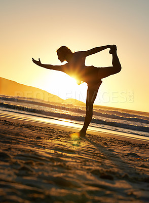 Buy stock photo yoga, woman or balance on sunset beach for wellness, relax with zen for health mindset. Female instructor or sky with ocean for spiritual peace, lens flare and freedom on sand with faith for exercise
