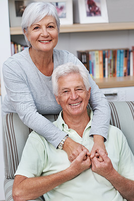 Buy stock photo Happy senior couple, portrait and hug for love, romance or embrace in relationship or marriage together at home. Elderly woman hugging man with smile for loving, care and bonding in retirement