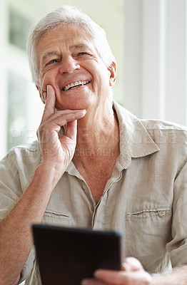 Buy stock photo Senior man, tablet and laugh for thought in home, comedy and streaming comic on social media. Elderly male person, funny internet blog and thinking on memory to relax, happy and online in retirement