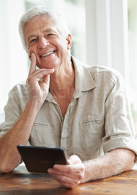 Buy stock photo Tablet, mature man and portrait in home, table and online website for blog and read. Technology, email and digital or connection for app communication, social media and internet in house living room