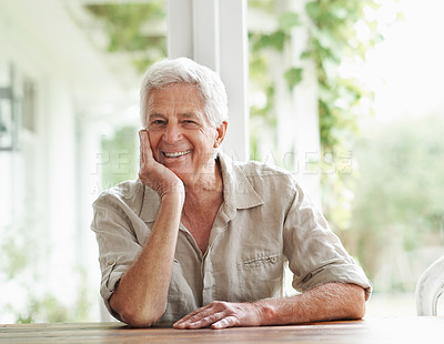 Buy stock photo Portrait of senior man, smile and relax in home for retirement and good mood. Face of happy elderly male person on house patio for happiness, confidence and wisdom of ageing, wrinkles or grey hair