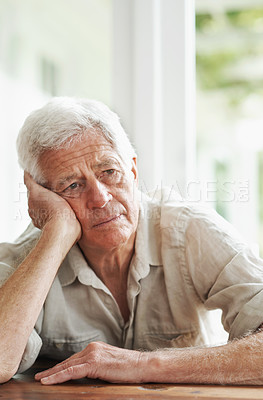 Buy stock photo Senior man, lonely and thinking of depression, anxiety and stress of mental health, grief and problems. Depressed, sad and frustrated old guy in doubt, alzheimer and fear of crisis, emotions or worry
