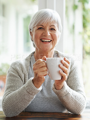 Buy stock photo Portrait, happy old woman and drinking coffee in home for break, relaxing morning and retirement. Face, laughing and senior lady enjoy cup of tea, warm beverage and hot drink in house with happiness 