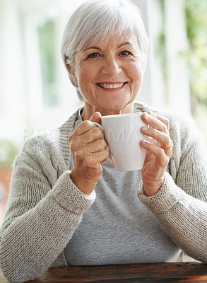 Buy stock photo Portrait, happy old woman and cup of coffee in home for break, relaxing morning and retirement. Face, smile and senior lady drinking mug of warm beverage, tea time and happiness of good mood in house