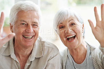 Buy stock photo Portrait, senior couple and waving on video call, digital communication and voip connection at home. Face of happy old man, excited woman and hello for virtual contact, online networking and chat 