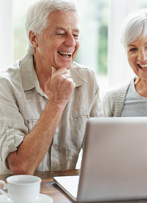 Buy stock photo Happy senior couple, laptop and connection in home for online shopping, internet research and website blog. Old man, woman and laughing on computer for social media, funny digital news and technology