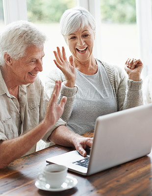 Buy stock photo Happy old couple, laptop and waving on video call, digital communication and voip connection at home. Senior man, elderly woman and wave hello on computer for virtual contact, chat and technology 