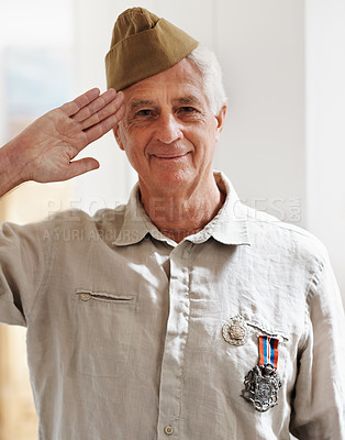 Buy stock photo Mature man, war and hero in retirement with service, medals and uniform as soldier or patriot.Senior person, army and veteran in portrait for memories, pride and respect in salute for remembering