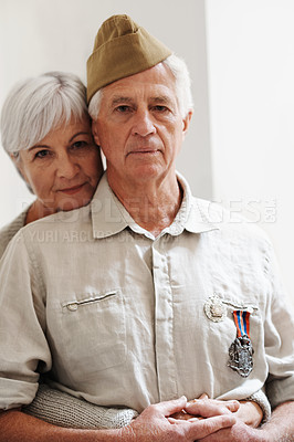 Buy stock photo Military, old man and woman with veteran in uniform with medal or pride for memory of battle service. Elderly couple, army or retirement from duty to government with support, care or hug from partner