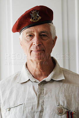 Buy stock photo Senior man, army and veteran in portrait for memories, pride and respect in home for remembering. Mature person, war and hero in retirement with service, medals and uniform as soldier or patriot