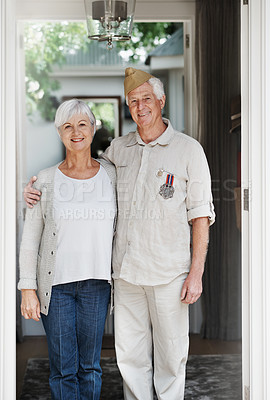 Buy stock photo Military, old man and portrait of woman with veteran in uniform with pride for memory of navy service. Elderly couple, army or retirement from duty with support, care or hug from partner in home