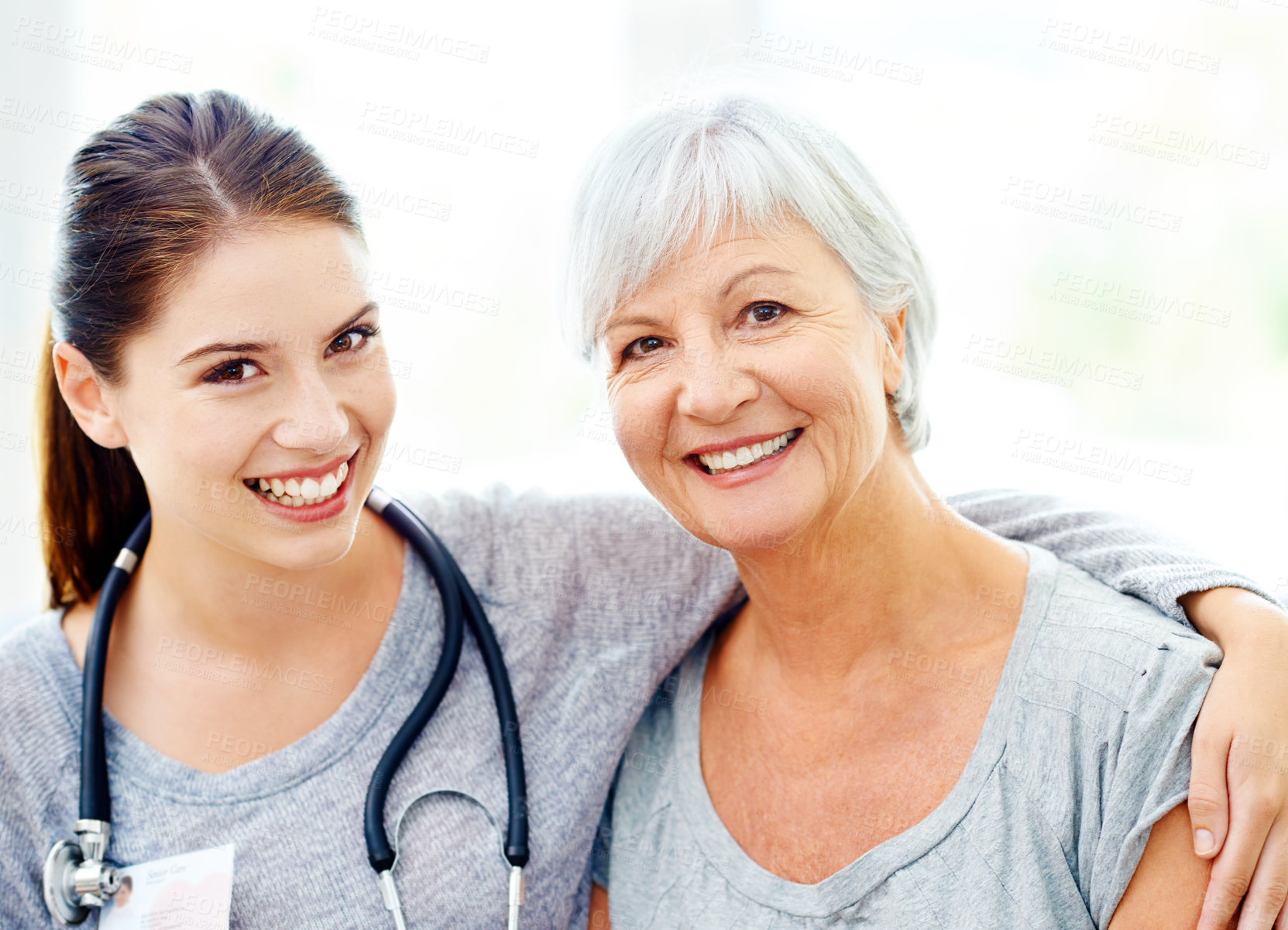 Buy stock photo Retirement, happy portrait of caregiver and old woman in nursing home, trust and support in healthcare. Senior care, nurse visit and healthy elderly patient with happiness and doctor smile on face.