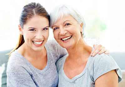 Buy stock photo Happiness, portrait woman and senior mother on sofa, bonding and healthy relationship in living room. Smile on face, mom and daughter on couch, love and quality time to relax together in family home.