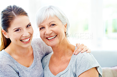 Buy stock photo Portrait, happy woman and senior mom on sofa, bonding and happiness together in living room. Smile, mother and daughter on couch, love and weekend quality time to relax with mock up in family home.