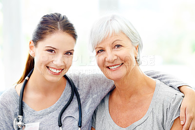 Buy stock photo Senior care, happy portrait of nurse and old woman in nursing home with trust and support in healthcare. Retirement, caregiver service and elderly patient with happiness and healthy smile on face.