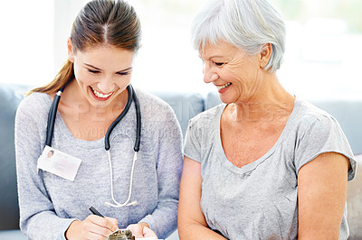 Buy stock photo Nurse, senior woman and documents for consulting in retirement home, healthcare and report for medical help. Caregiver, elderly patient person and medicine for treatment, happy or smile for advice