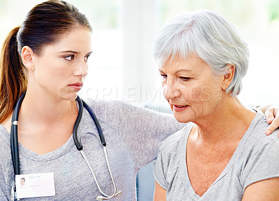 Buy stock photo Bad news, results and nurse with senior woman in living room for medical test, cancer diagnosis or comfort in retirement home. Depression, caregiver and elderly patient for support, sympathy or help