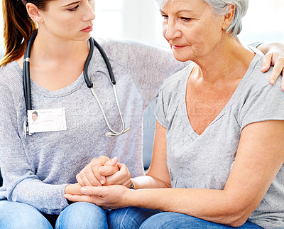 Buy stock photo Senior woman, thinking and doctor in office with depression, anxiety and consoling for bad results. Upset, stressed and old female with nurse in nursing home for comfort, diagnosis and elderly care