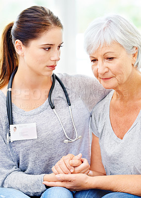Buy stock photo Bad news, diagnosis and nurse with senior woman in living room for medical test, cancer results or comfort in retirement home. Depression, caregiver and elderly patient for support, sympathy or help