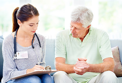 Buy stock photo Results, consultation and senior man with doctor in home to check health with advice for hypertension. Healthy, patient and caregiver in elderly care with info, support or notes on blood pressure