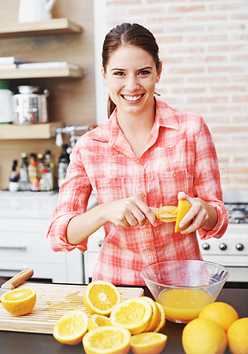 Buy stock photo Woman, kitchen and smile with squeeze orange for juice in bowl for health, nutrition and diet with ingredients. Home, portrait and happy with fruit for sweet flavor or lunch snack and fresh food