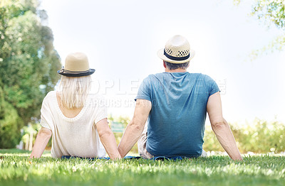 Buy stock photo Couple, back and grass park for relax holiday or vacation travel for relationship bonding, anniversary or calm. Man, woman and rear view at garden backyard in New York with marriage, together or love