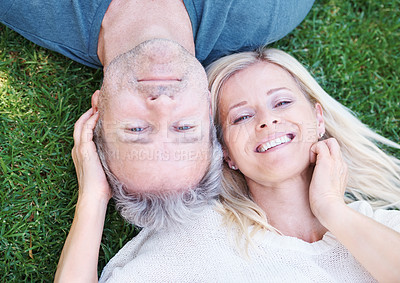 Buy stock photo Mature, couple and portrait in grass park as top view for vacation travel in summer, anniversary or marriage. Man, woman and face from above on field in New Zealand or home backyard, love or date
