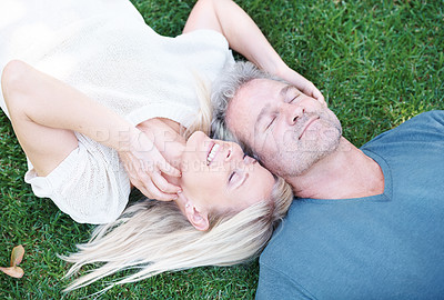 Buy stock photo Mature, couple and peace on grass or married connection for travel holiday on anniversary, date or bonding. Man, woman and from above or backyard garden in Australia for marriage, summer or resting