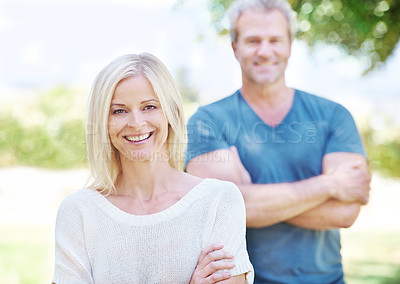 Buy stock photo Happy couple, portrait and nature with confidence for love, bonding or relationship together at park. Face of mature woman and man with smile for retirement, outdoor weekend or holiday in countryside
