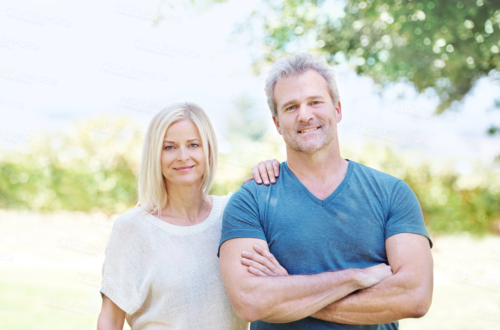 Buy stock photo Mature, couple and portrait smile in nature for travel vacation  for summer holiday, backyard or anniversary. Man, woman and face in forest for exploring date for happiness or bonding, calm or trees