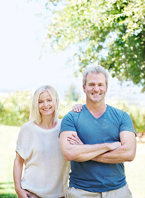Buy stock photo Mature, couple and portrait smile in park for travel vacation  or summer holiday, backyard or anniversary. Man, woman and face in forest for exploring Australia with happiness, bonding or outdoor