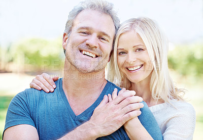 Buy stock photo Mature, couple and portrait smile in garden for travel vacation or laughing, funny or connection. Man, woman and face or countryside forest for New Zealand holiday with humor, together or support
