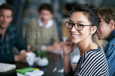 Buy stock photo Portrait, team and woman in a meeting, discussion and collaboration with professional, teamwork and happiness. Face, female person or employee with negotiation, support and solidarity with motivation
