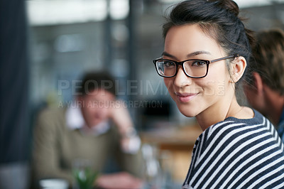Buy stock photo Smile, portrait and a woman in a meeting at work for business, workshop or a seminar. Happy, space and a designer in the workplace for creative collaboration, expert teamwork and working together