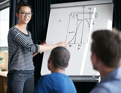 Buy stock photo Woman, presentation and chart data on whiteboard, ideas and group of business people at financial workshop. Presenter, ceo and pen for graph, coaching or brainstorming for finance, stock and progress