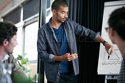 Buy stock photo Creative man, presentation and meeting with whiteboard for graphs, drawing or coaching at office. Male person talking or explaining to team with chart or diagram for growth in startup at workplace
